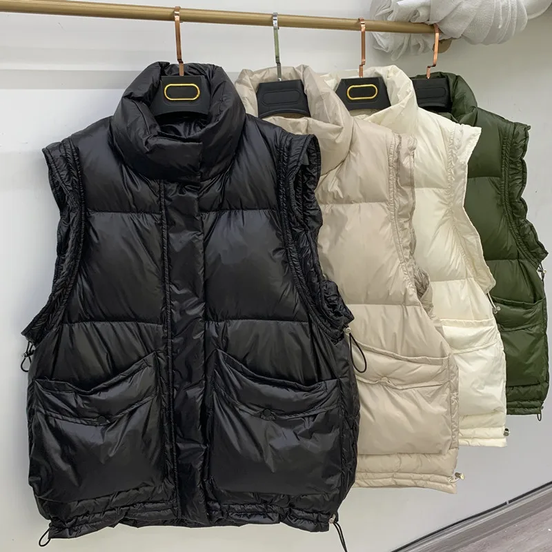 New Autumn Winter Down Waistcoat Jacket Women Light Thin White Duck Down Vest Ladies Short Sleeveless Drawstring Warm Vests Coat