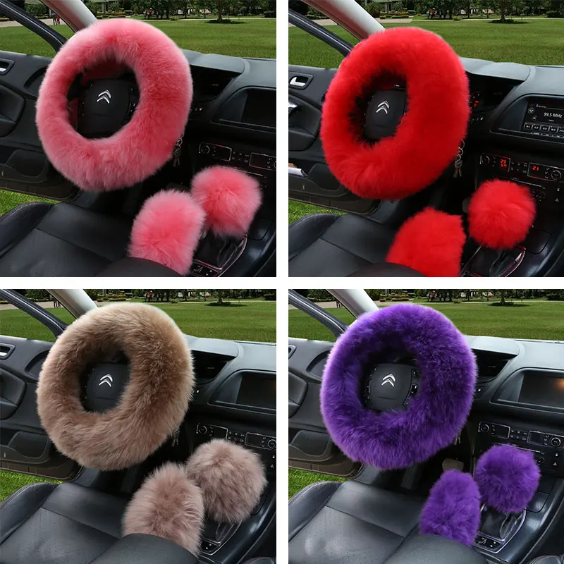 

3Pcs/Set Universal Fur Steering Wheel Cover Set Real Sheepskin Auto Plush Warm Fluffy Fuzzy Car Accessories for Women Girl