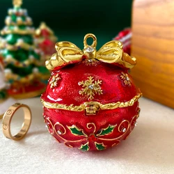 Hinged Xmas Jingle Bell Trinket Box With Crystals Figurines Hand-painted Jewelry Ring Holder Christmas Tree Hanging Decor Gift