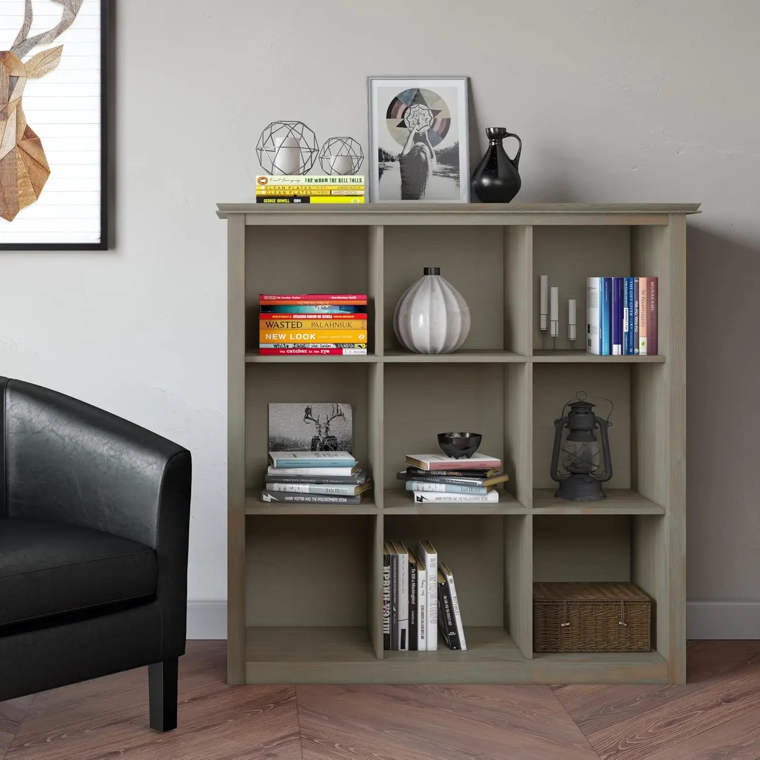 Artisan SOLID WOOD 43 Inch Transitional 9 Cube Bookcase and Storage Unit in Distressed Grey, For the Living Room.