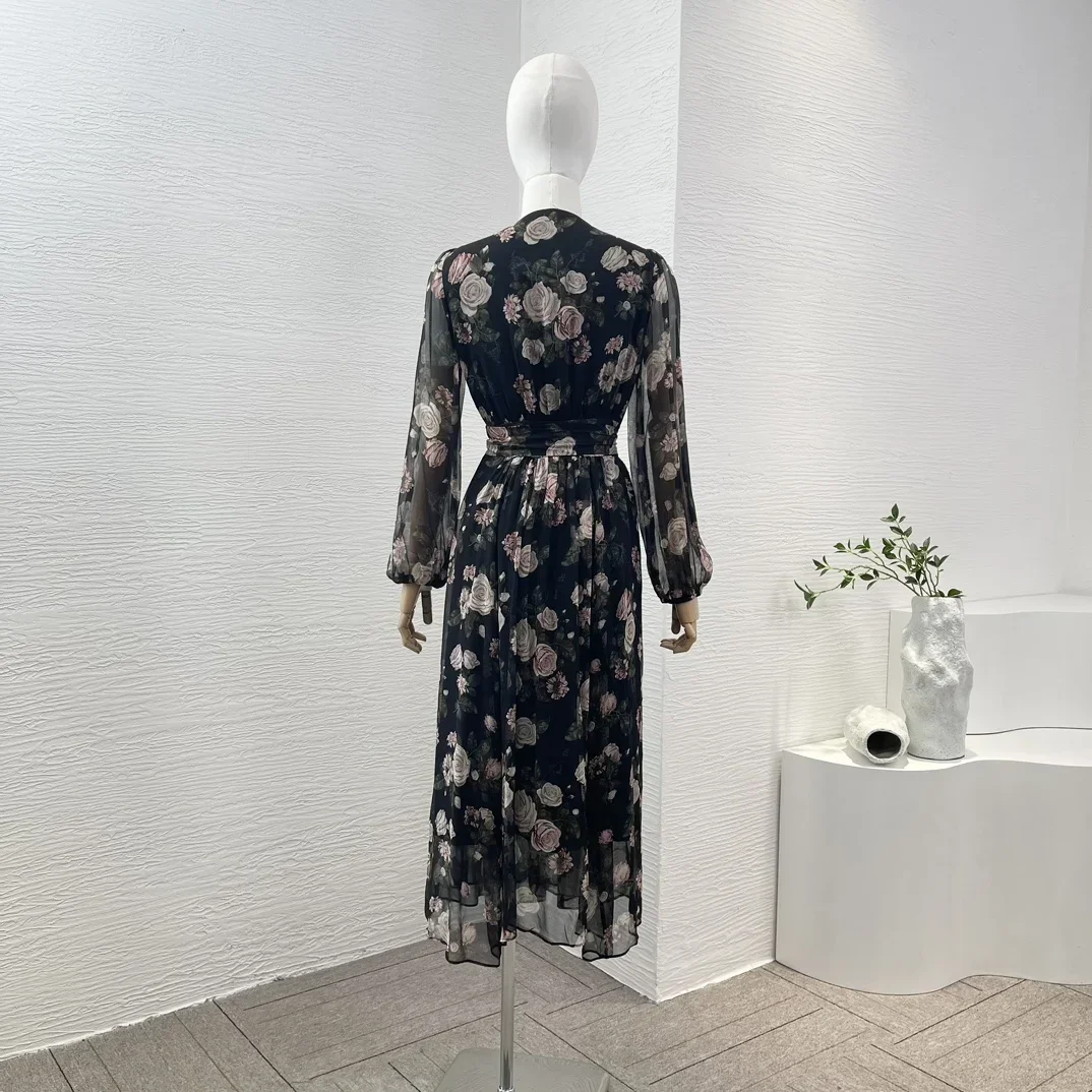 WorldCloset-vestido Midi con estampado de flores de peonía negra para mujer, manga larga, cinturón, envoltura, nueva ropa de alta calidad