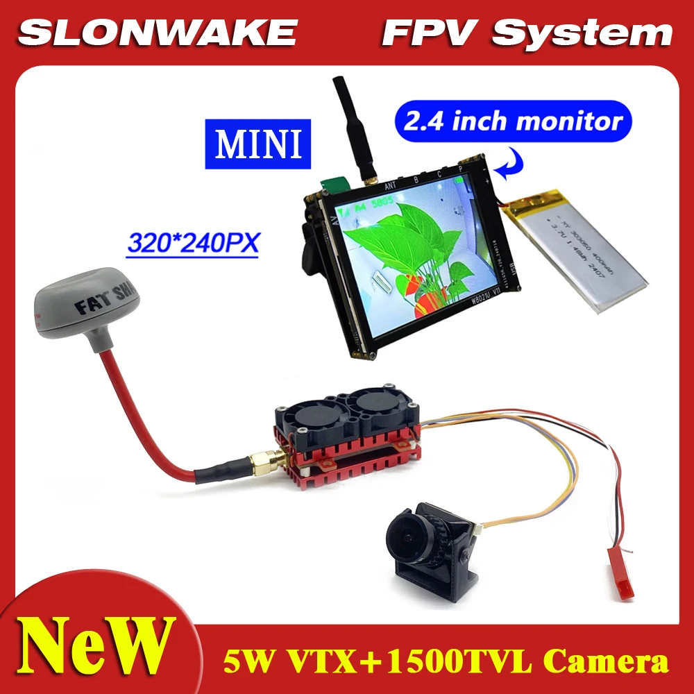 SLONWAKE FPV 5W transmitter VTX 5.8g analog camera 1500TVL 2.4-inch mini display suit for drone remote control vehicle