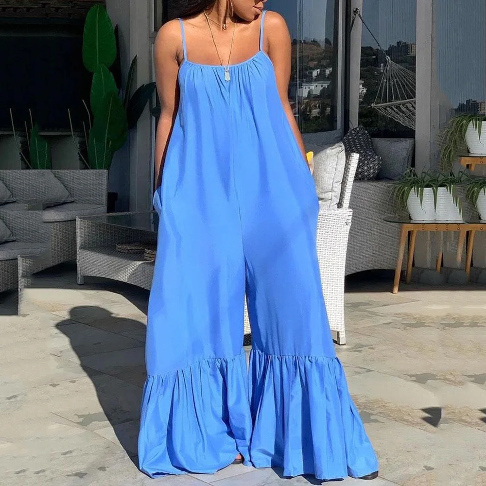 Women Spaghetti Strap Flare Pants Oversized Boho Fashion Loose Jumpsuits High Street Wear Long Jumpsuits Indie Style Bodycon New