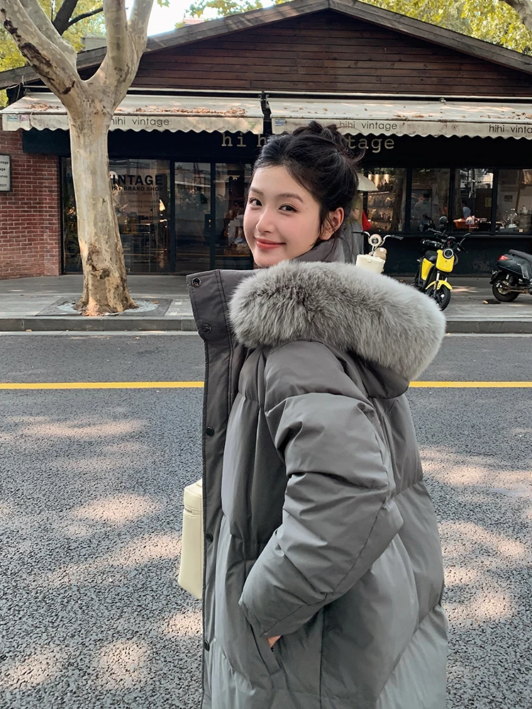 

Женское зимнее утепленное пуховое пальто средней длины, белое, с наполнителем из перьев, теплое, до колен, повседневное, свободного кроя, из полиэфирного волокна