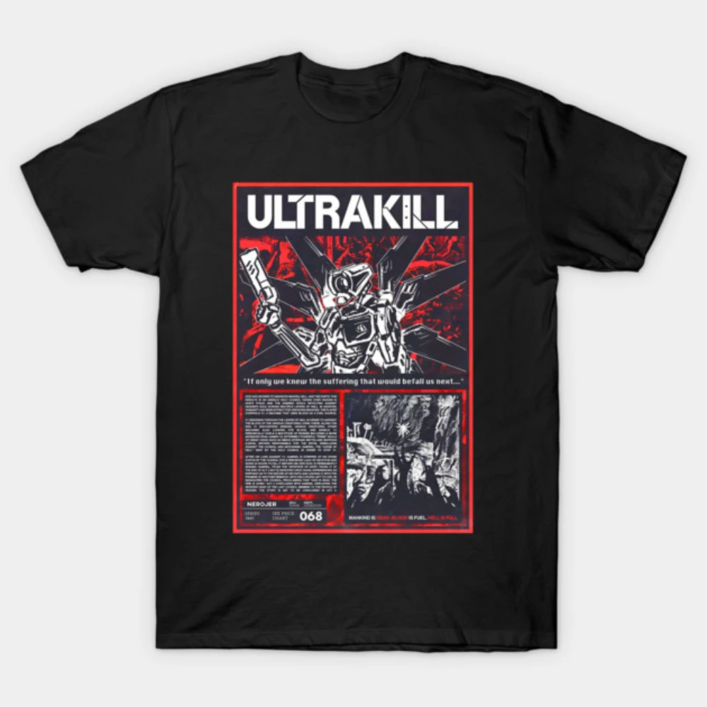 Mens Cotton Black Graphic Tee Ultrakill Vertical Newspaper Style Poster Mechanical Warrior Vintage Gaming Casual Streetwear Top