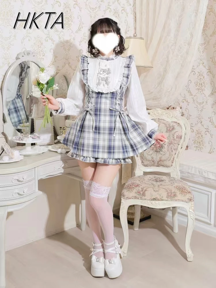 Estilo japonés nuevo Mine lazo de encaje lindo adelgazante de manga larga vestido a cuadros pantalones cortos conjuntos mujeres dulce vestido conjunto de dos piezas trajes