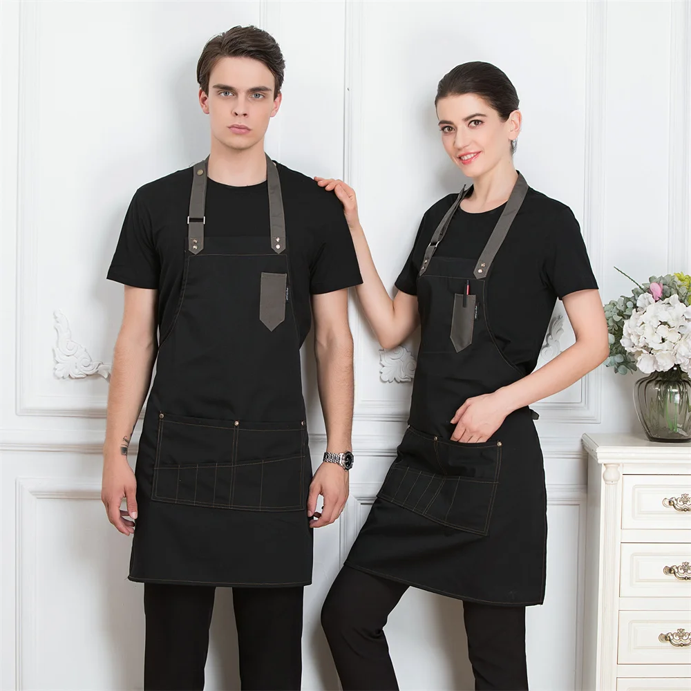 2022 Custom Unisex Work Apron For Men Canvas Black Apron Bib Adjustable Cooking Kitchen Aprons For Woman With Tool Pockets