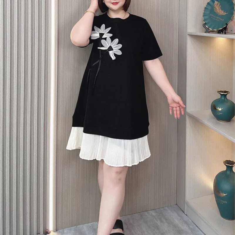 Design short-sleeved Dress Women Summer Plus Size Fake Two Piece Loose 3D Flower Casual A-line Dress