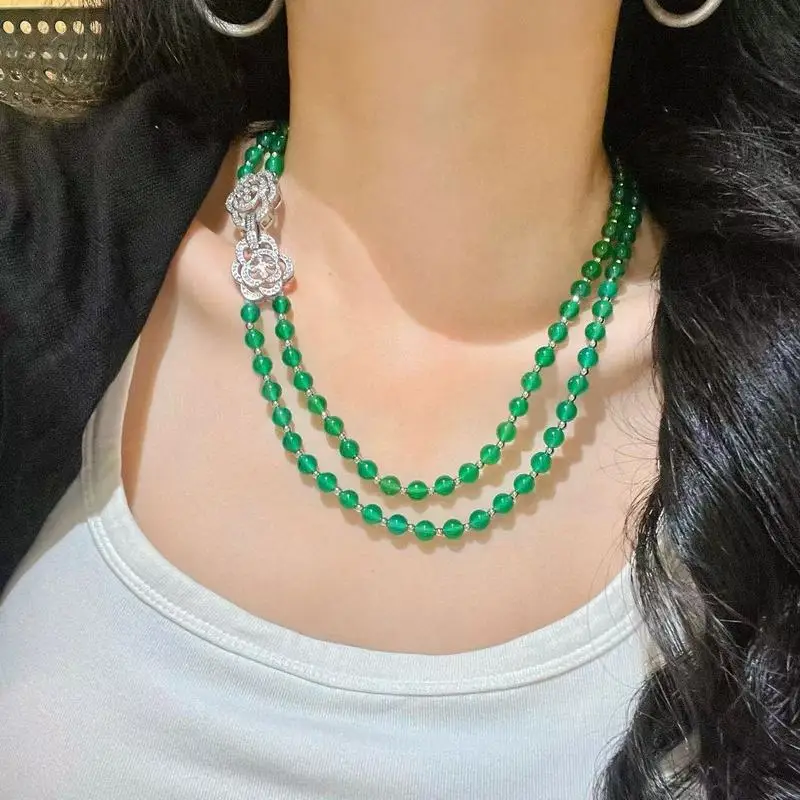 High-quality ice-clear imperial natural green chalcedony multi-layer necklace a clavicle chain