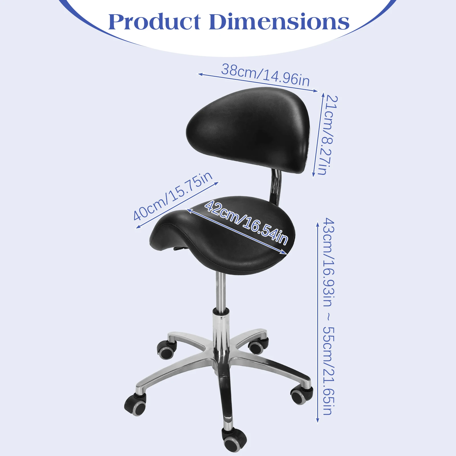 Adjustable Ergonomic Rolling Chair with Wheels with Back Support 19.93-21.65in Height for Hair Stylist for Dentist Salon Tattoo