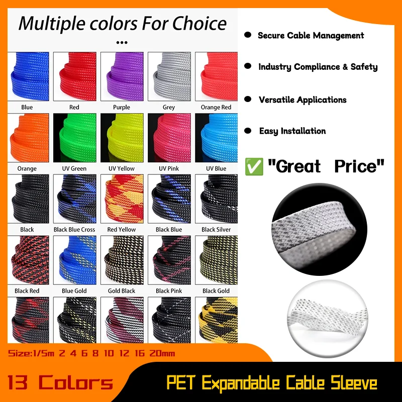 

Tight High Density Insulated Line Protection Wire Wrap Sheath 1/5m 2 4 6 8 10 12 16 20mm PET Braided Cable Sleeve Expandable