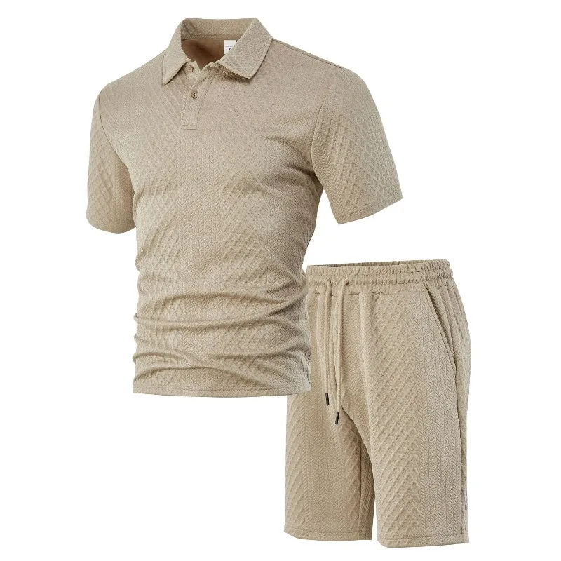 KIDWHXR Summer Men 2-piece Set Thin Turn Down Collar Short Sleeve Polo Top Man Elastic Waist Drawstring Short Male Solid Outfit