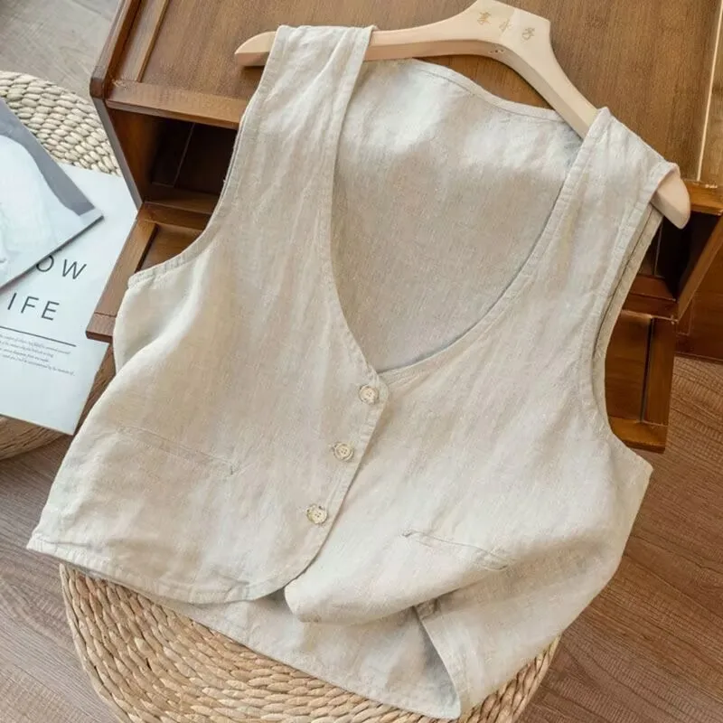 Gilet en coton et lin pour femmes, gilet fin d'été