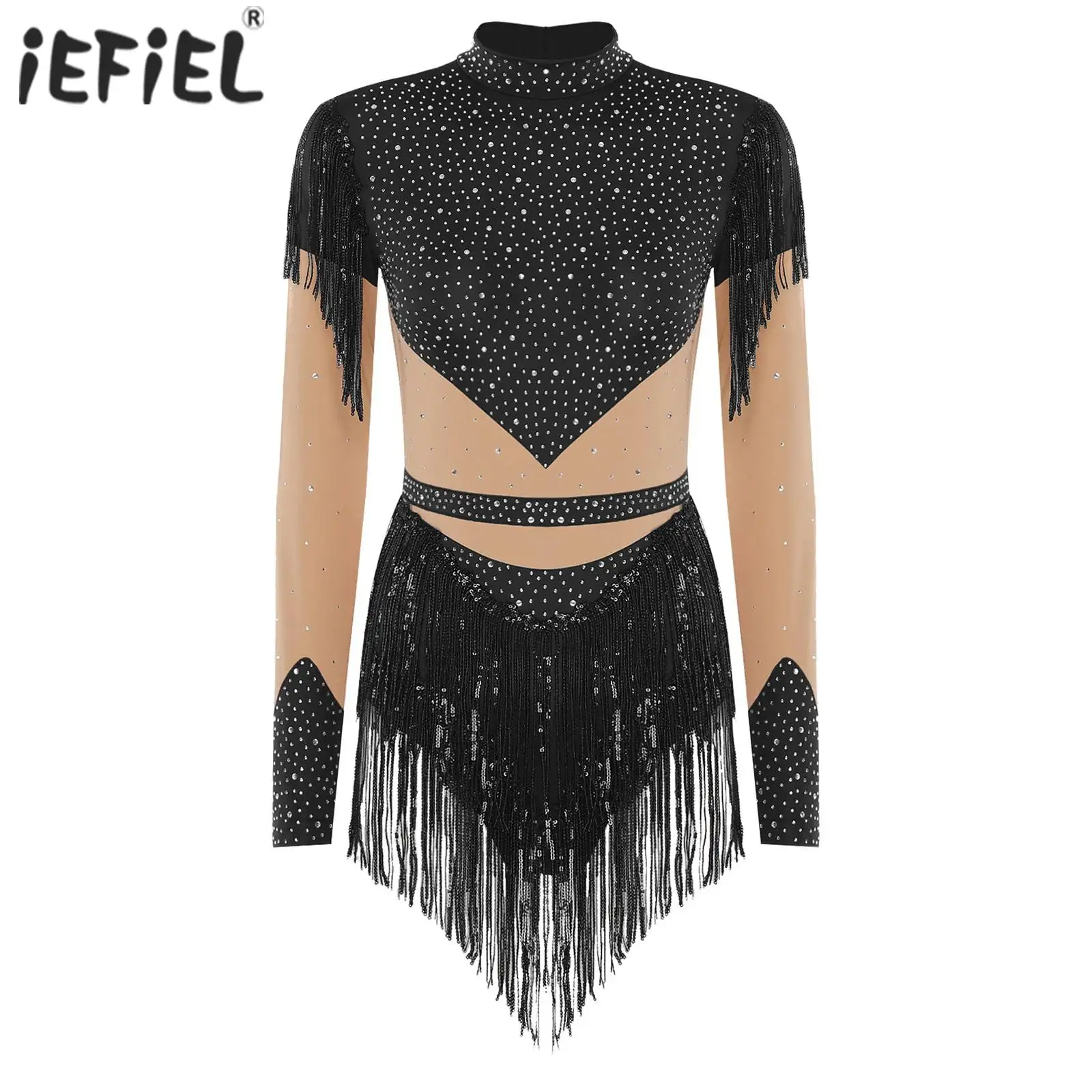 Eiskunstlauf-Trikotkleid für Damen, Strass-Gymnastik-Body mit Rock und Paillettenquaste, langärmeliges Design, Tanzbekleidung