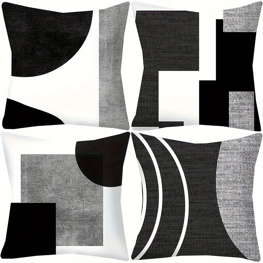 Modern Geometric Abstract Throw Pillow Cover Set of 4 Cushions for Sofa Backrests Living Room Decor Black Gray White Minimalist