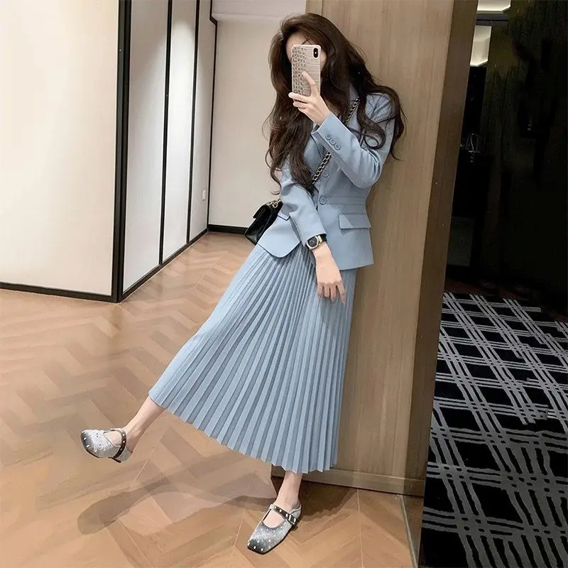 

New High Quality Fashion High End 2 Piece Set Women Slim Long Sleeve Blazer Jacket + Pleated Skirt Elegant Women's Suit