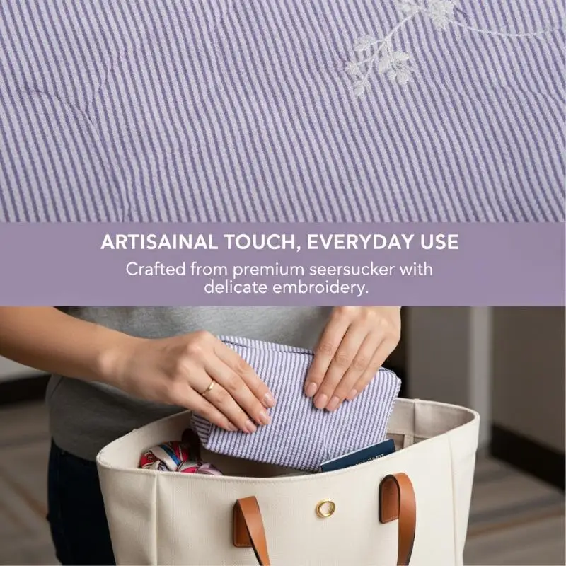 @*Striped Seersucker Makeup Storage Bag Large Capacity Durable Zipper Lightweight Cosmetic Pouch for Business Trip Daily Use