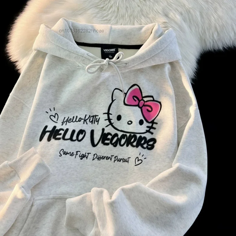 Sanrio Gothic Hello Kitty Pullover Hooded Sweatshirt Hip Hop 90s Vintage Japanese Harajuku Hoodie 2000s Yk2 Clothes Streetwear