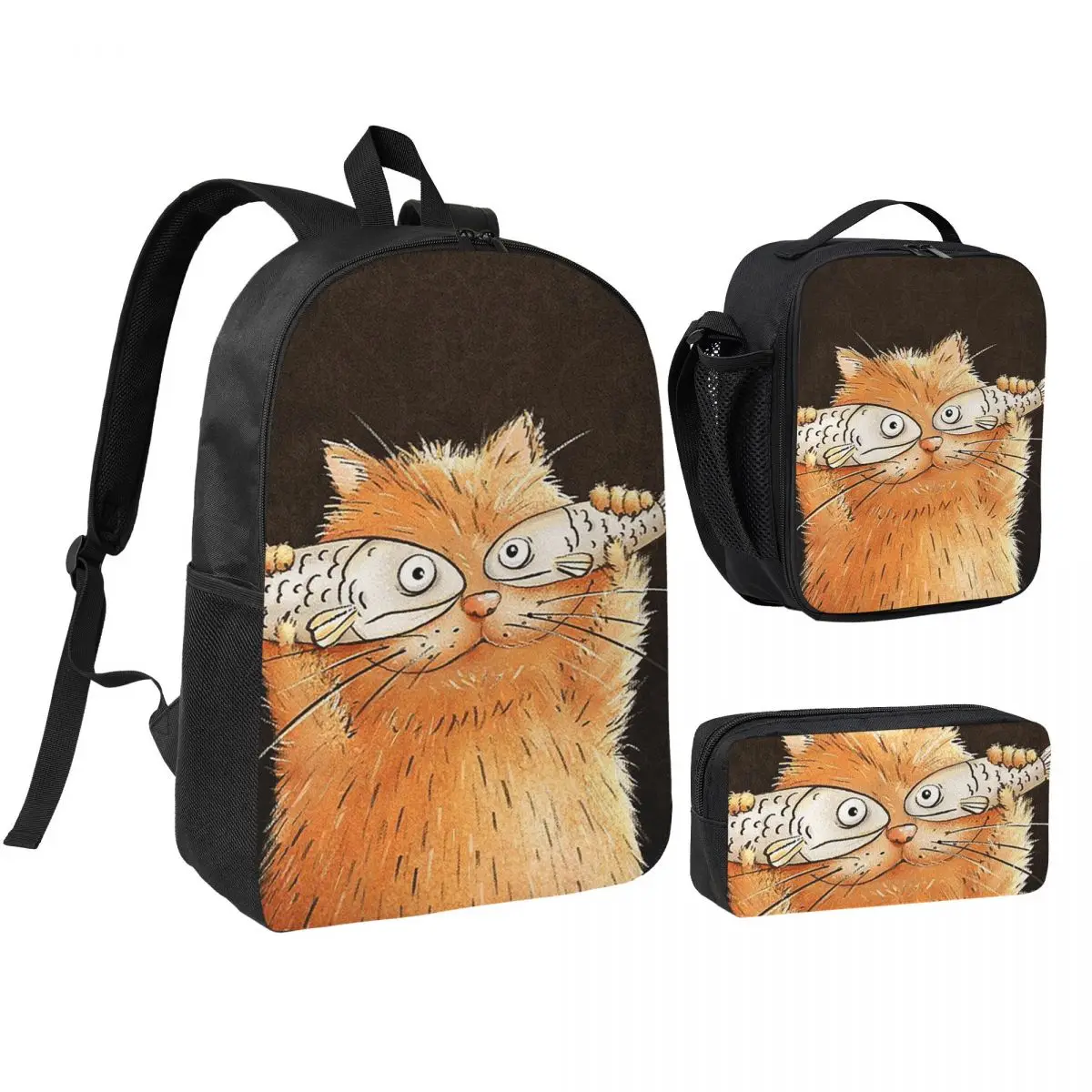 Funny Cats And Fishes Backpack Student BookBag School Bag Shoulder Bags 3ps Insulated Lunch Bag Pencil Case