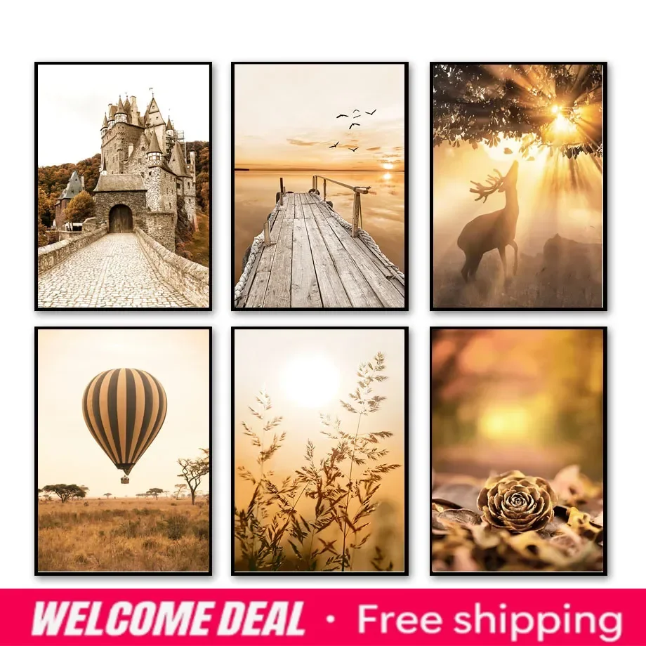 2026  1pc frameless Canvas painting Autumn Deer Castle Fallen Leave Posters Pier Plant Forest Prints Wall Art Pictures Canvas