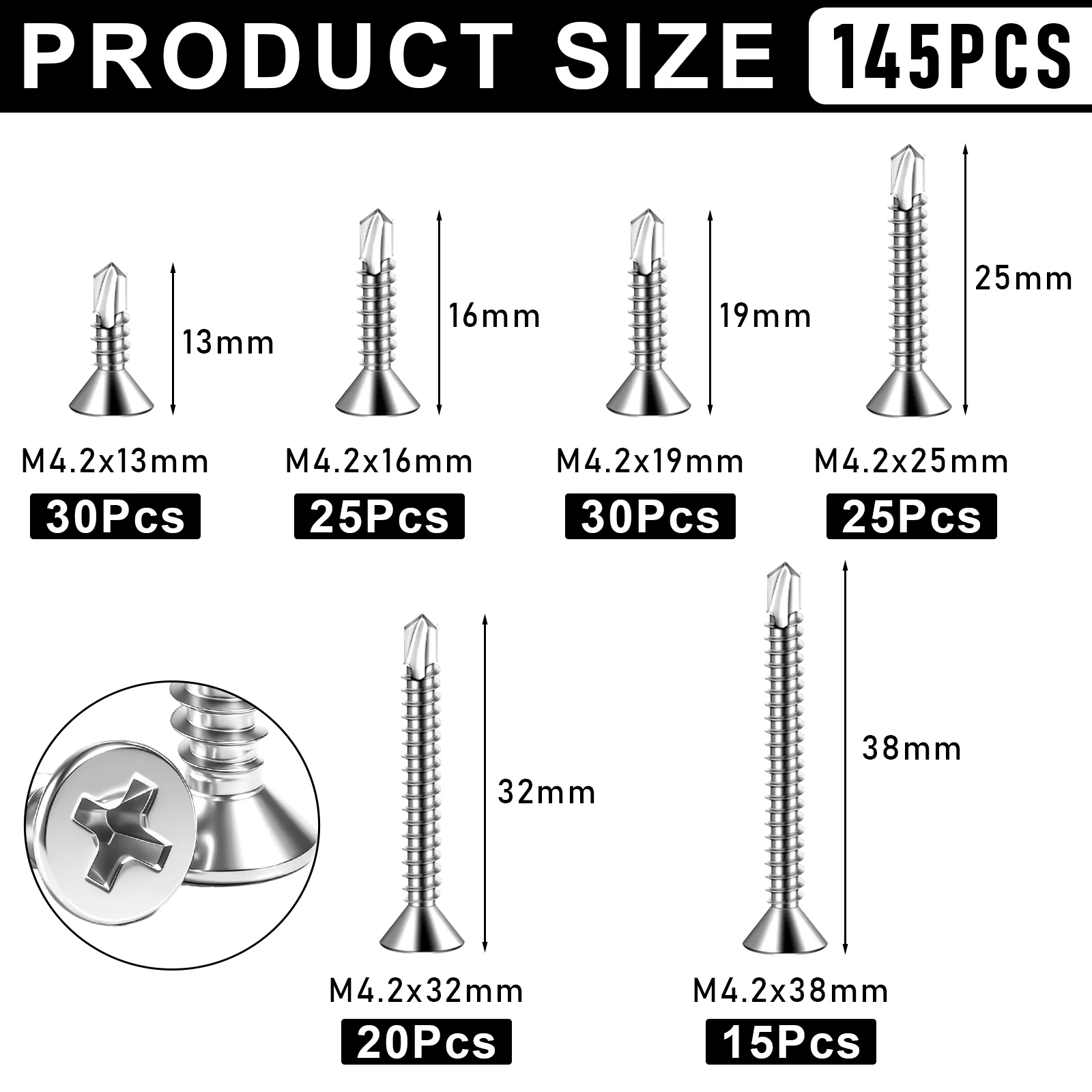 145pcs Metal Self-Tapping Screws，410 Stainless Steel Flat Phillips Head Self Drilling High-Strength Quick Self-Drilling Screws