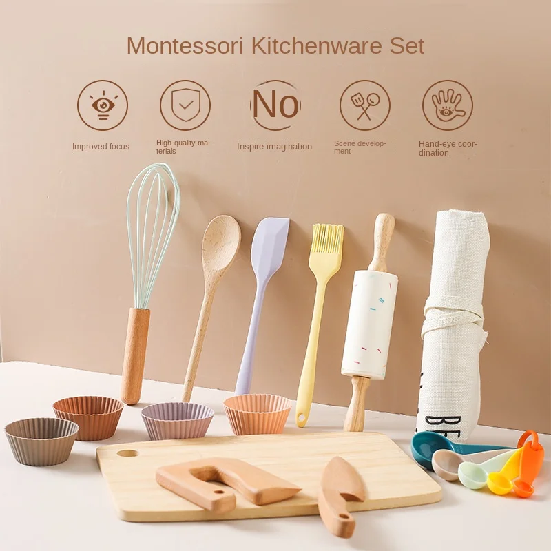 LazyChild Children Cooking Wooden Kitchenware Set Mini Simulation Toddler Pretend Play Toy Wooden Desktop Small Kitchen Toy