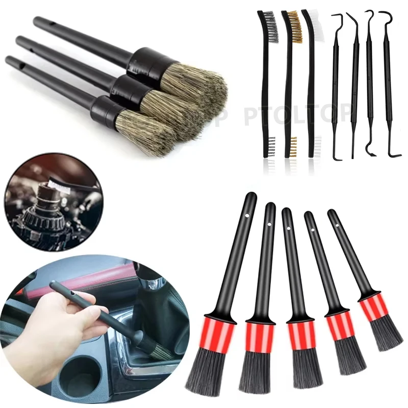 3/5/7pc Car Interior Cleaning Brush Soft Bristle Auto Rim Wheel Crevice Detailing Brushes Plastic Handle Round Head Pencil Brush