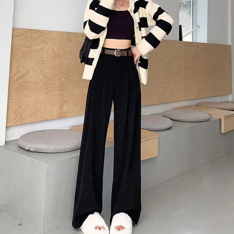 Corduroy High Waiste Slim Draped Straight Pants 2023 New Autumn Winter Fashion Women Trousers Office Lady Loose Wide Leg Pants