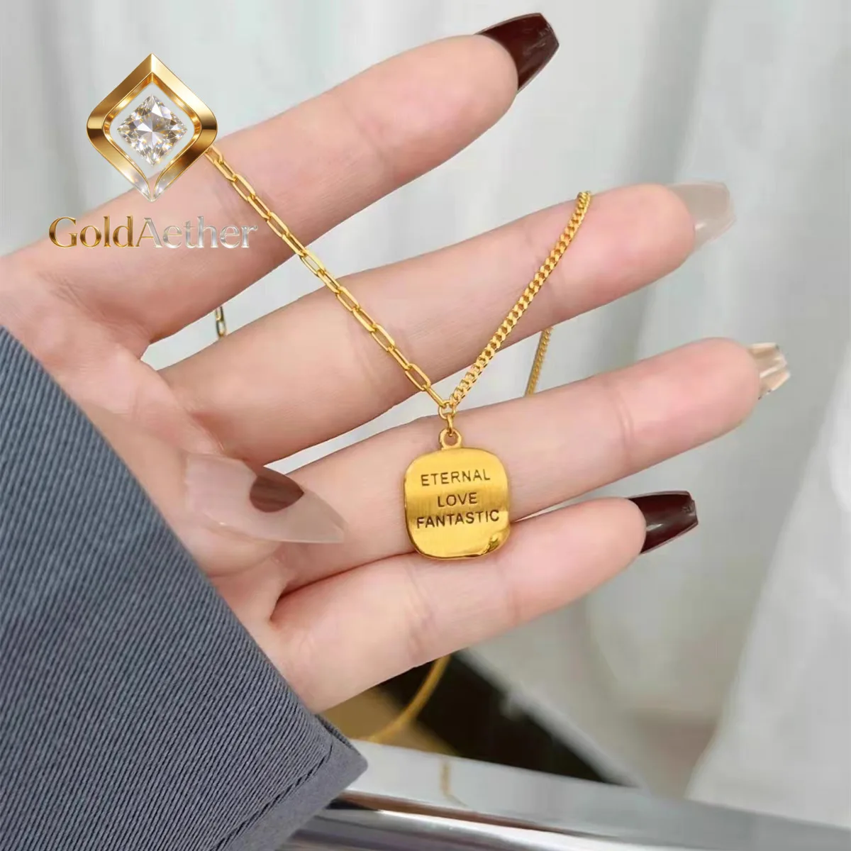 GoldAether Luxury 24K 9999 Pure Gold real gold Curled Small Square Brand Necklace AB Chain Chocolate Brand Clavicle Chain