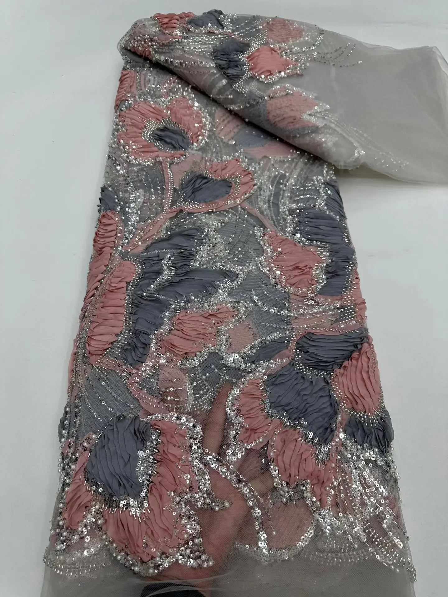 Французская кружевная ткань 2026, высокое качество, африканский бисер, вышитый нигерийский тюль с блестками, кружево 5 ярдов для шитья вечерних платьев