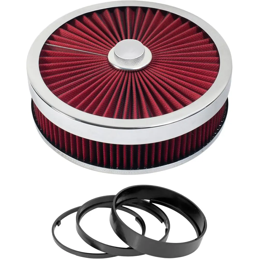 

Universal 9x3 Air Filter Assembly Kit, Red, Washable, Reusable with Mounting Hardware and Riser for 4 Barrel Carburetor V8 Engin