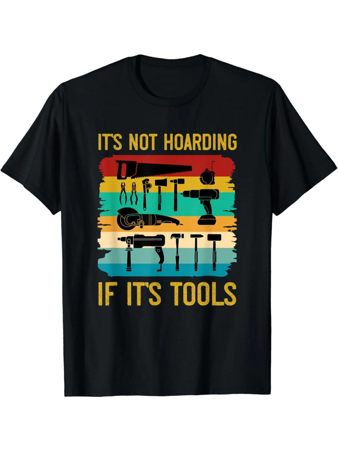 Funny Men's Black Graphic T-Shirt Tool Collection Hammer Drill Wrench Pliers Saw Vintage Slogan Print 100% Cotton Heavyweight Short Sleeve Casual Streetwear Tee