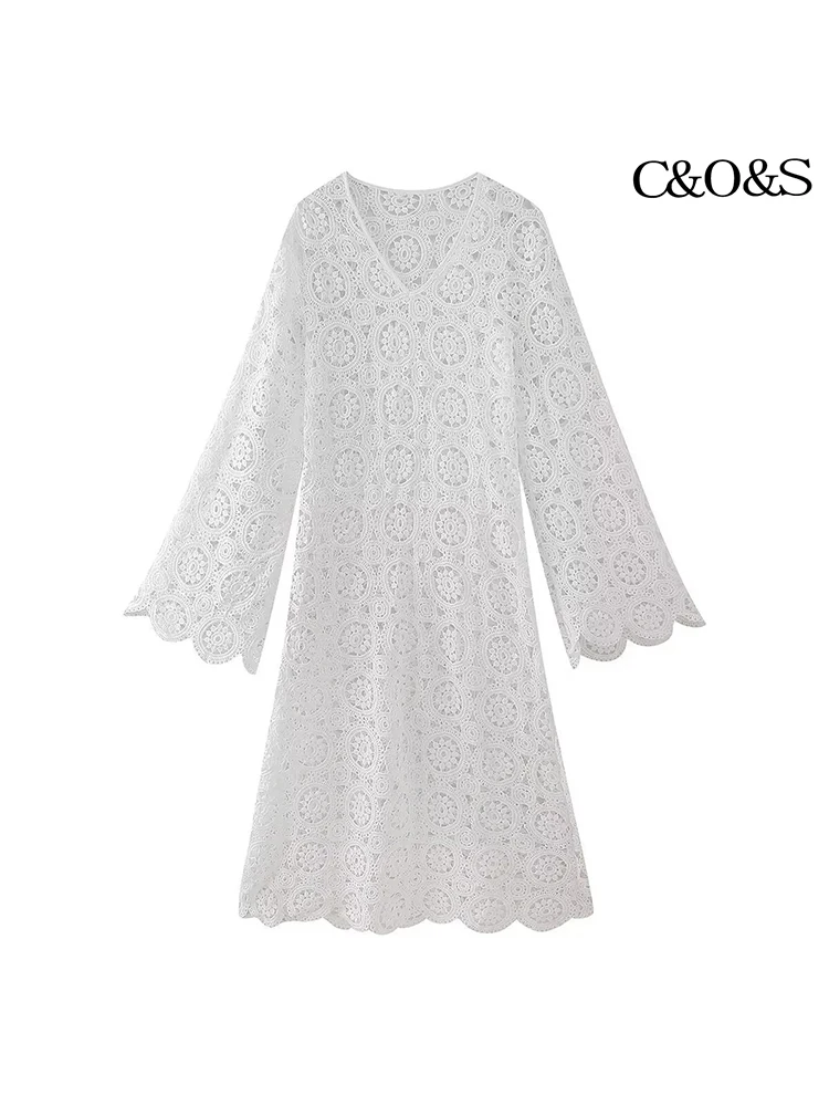 C&O&S Moda damska Sexy Hollow Out Design Solid Color See Through Midi Dress New Lace Embroidery V-Neck Long Sleeve Dresses