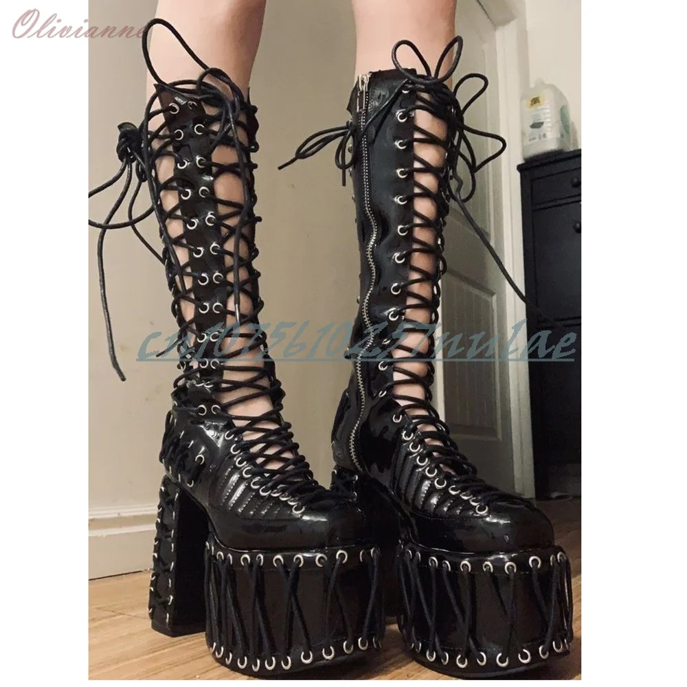

Black Sexy Strappy Design Hollow Mid Calf Boots Cross Tied Platform Chunky High Heel Fashion Women Shoes 2025 New Para Mujere