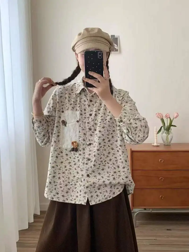 신상품 2025 겨울용 면 긴팔 브러시드 셔츠, 여성용 라펠 프린트 자수, 모리 걸 프레리 시크 루즈 블라우스 T5N556CC