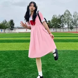 日本のハラジュクカワイイピンクドレス、セーラーカラー、ロリータ、プレッピースタイル、学生服、女の子のためのかわいいミディドレス、2024