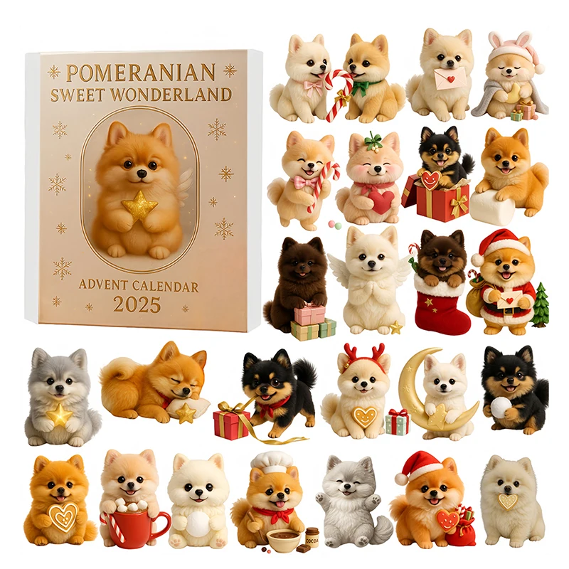 Kalender Advent Pomeranian Sweet Wonderland 2025, 24 Hari Kejutan Meriah Ornamen Anjing, Mainan Anjing Lucu Akrilik 2D