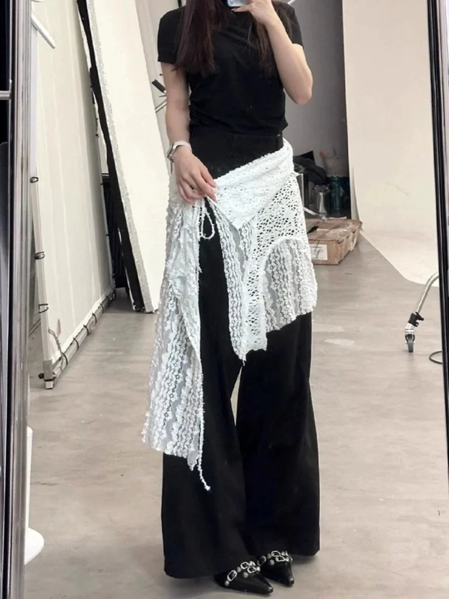 Korean Sle White Lace Trim f Skirt with Apron Hollow out Design Women's Faion Commute A-Line ort Skirt
