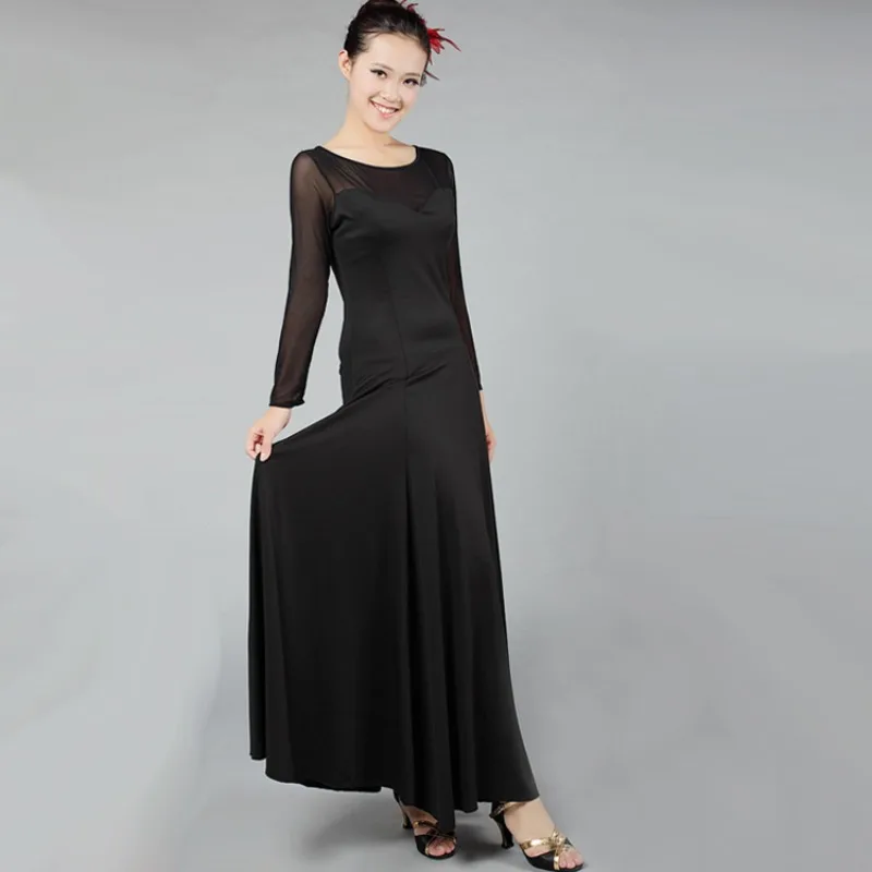 

Новое платье для современного танца по индивидуальному заказу с сетчатыми длинными рукавами и большой распашной юбкой, костюм для социальных практики