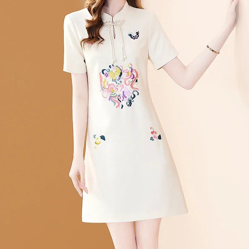 EVNISI Women Floral Embroidery Slim Office Dress Elegant Vintage Chinese Button A-line Dresses Women Party Vestido Summer 2024