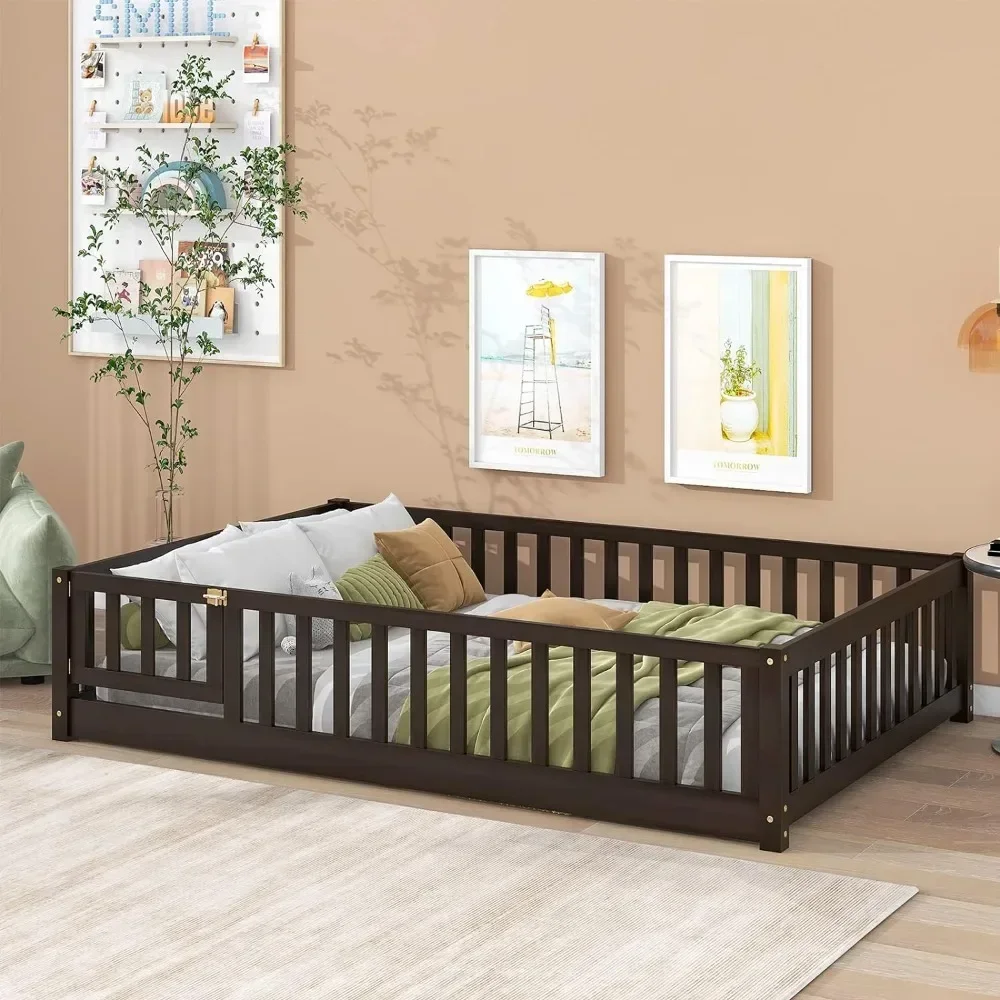 Children's Bed, With Safety Guardrails And Flat Floor Bed, Children's Floor Bed Frame, Children's Wooden Bed