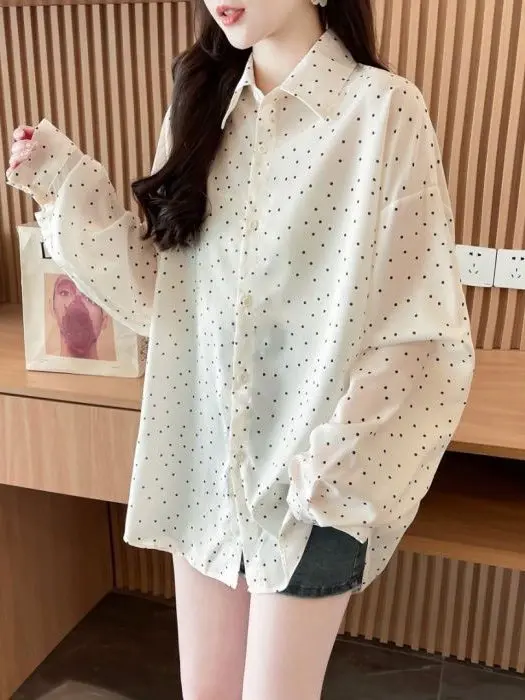 

Polka Dot Long Sve Women's irt Thin Breathable Summer Faion Outerwear Top Korean Sle Loose Fit Collar