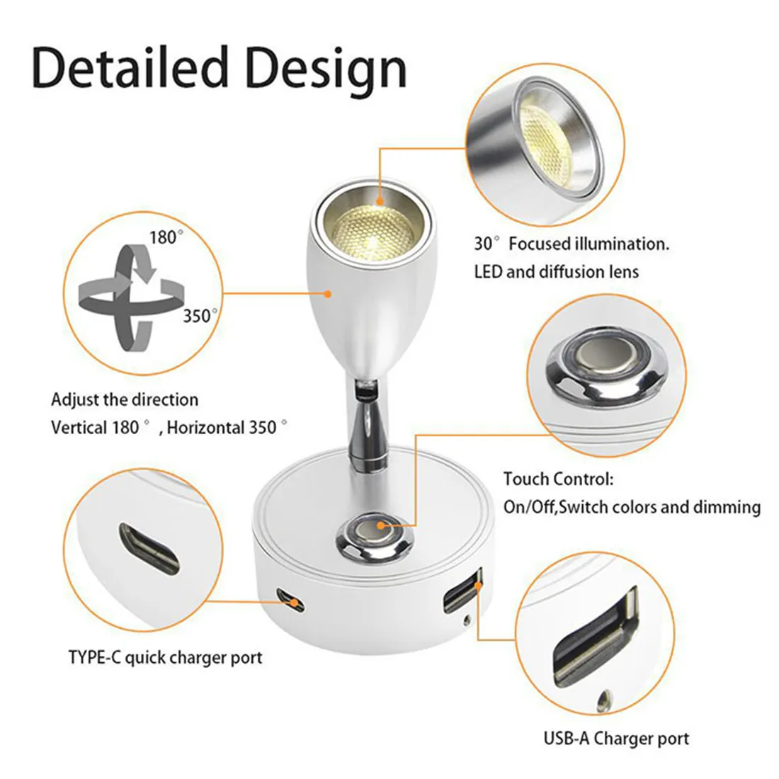 Dual USB Charging Ports 12V LED Reading Light RV Touch Dimmable Reading Lamp 3 Color USB C Charger 24 Volt Swivel Spotlight