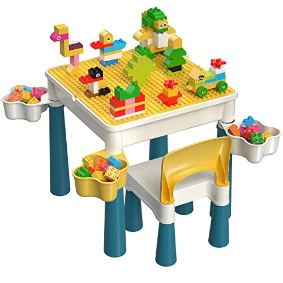 

burgkidz 5-in-1 Multi Activity Table Set Building Block Table with Storage Play Table Includes 1 Chair and 128 Pieces Compatibl