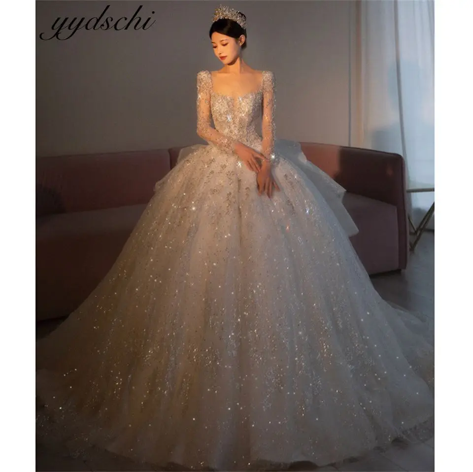 

Luxury O-Neck Appliques Illusion Full Sleeves Glitter Wedding Dresses For Women 2024 Court Train Bride Gown vestidos de novia