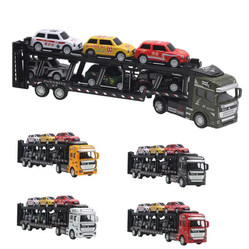 Alloy Car Transporter with 6 Trolleys Trailer Model Toy Double-Deck Detachable Metal Pull Back Toy Boys Christmas Gifts