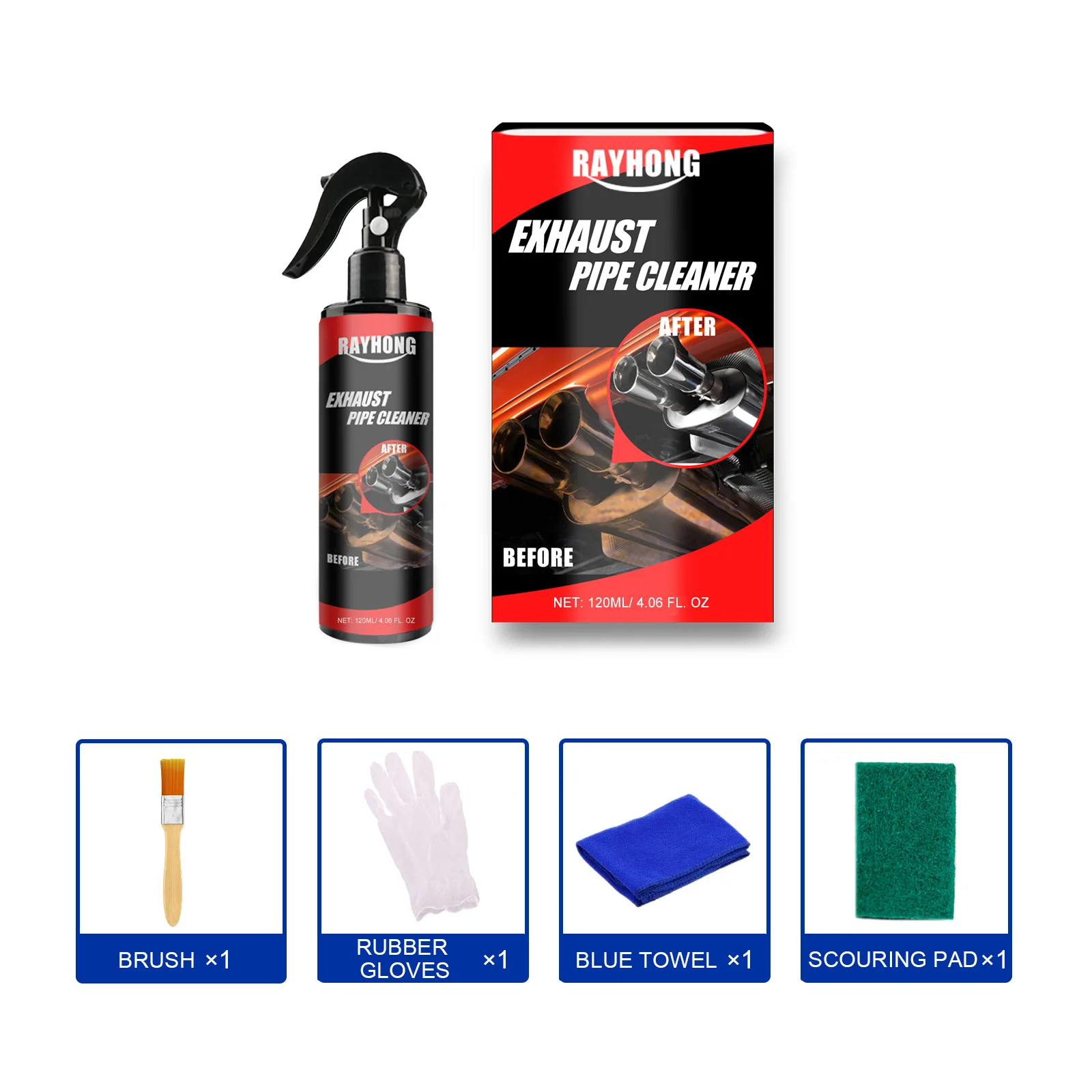 120ml Car Motorcycle Exhaust Pipe Cleaner Car Rust Remover with Rubber Gloves and Brush Repair Maintenance Tool Set