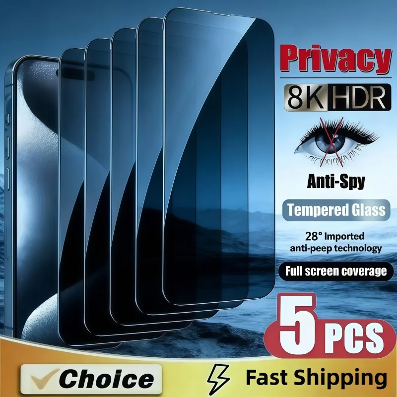 5 Stück Anti-Spy Glas für iPhone 16 14 13 15 12 11 17 Pro Max 12 13 Mini 17Air 15 16Plus X XS XR Sichtschutz-Displayschutzfolie