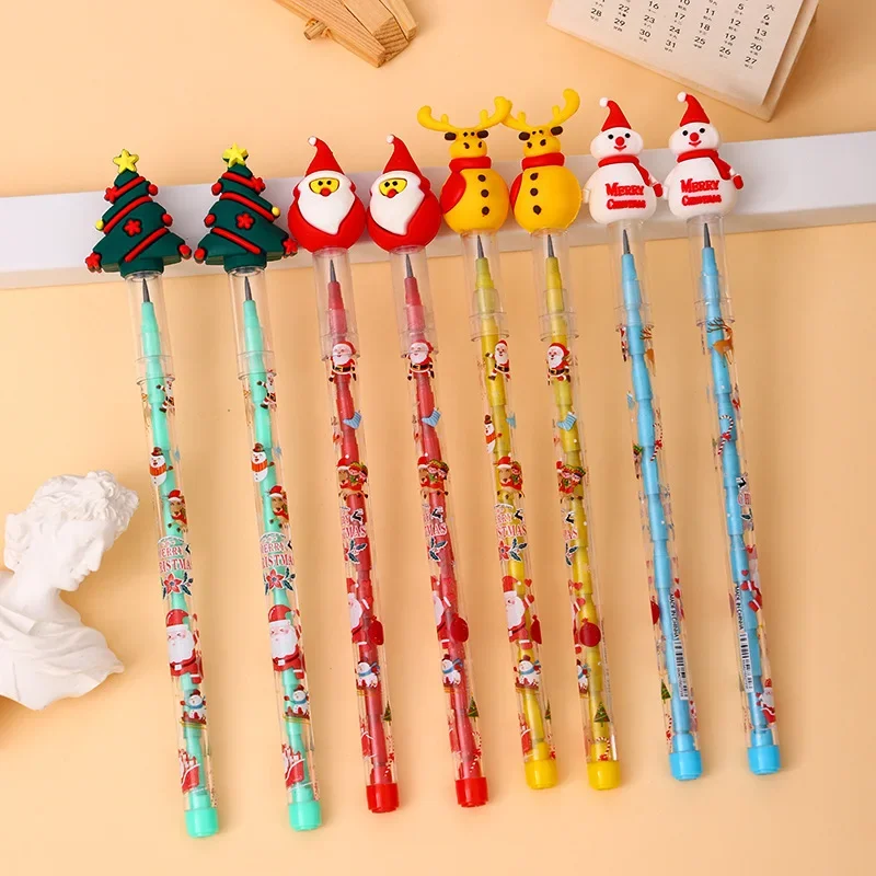 24PcsChristmas soft glue Christmas free sharpening bullet pencil creative cartoon student pencil free sharpening can be replaced