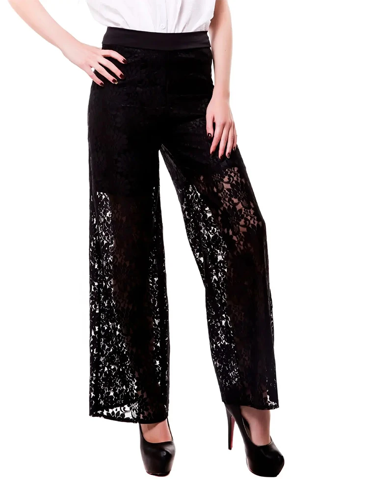 HOUZHOU Sexy Lace Pants Women Black High Waist Wide Leg Trousers Female Vintage Harajuku Hippie Punk Grunge Streetwear Y2k Pants